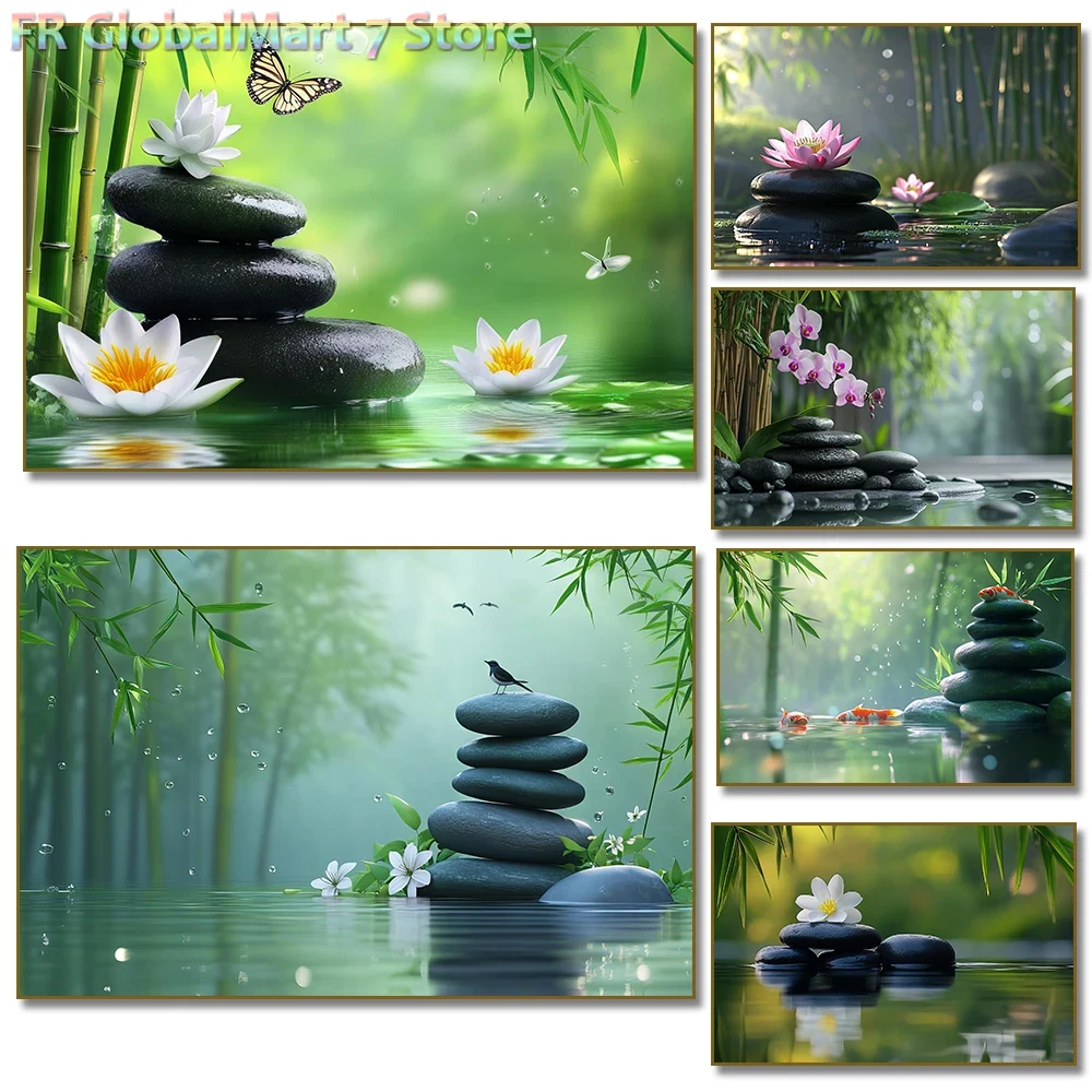 Resin Art On Wall - ภาพเพชรไร้กรอบ 1 ชิ้น ลายหินเซนและดอกบัวขาว ภาพเพชร โปสเตอร์ลายไม้ไผ่และผีเสื้อ
