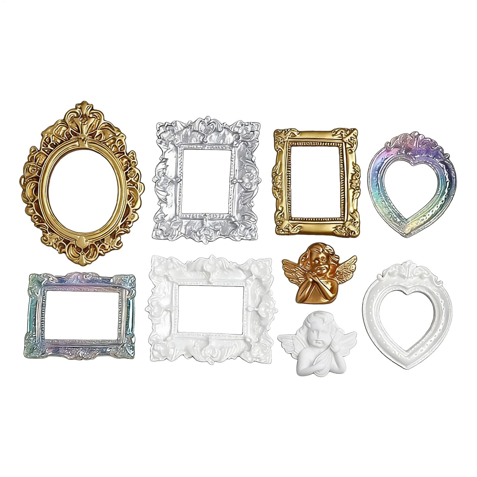 Resin Art Photo Frame - 9 ชิ้น อุปกรณ์ตกแต่งกรอบรูปจิ๋ว กรอบเรซิ่นสีทองขนาดเล็ก อุปกรณ์ประกอบฉากถ่ายภาพบ้านจิ๋ว กรอบรูปสไตล์วินเทจ
