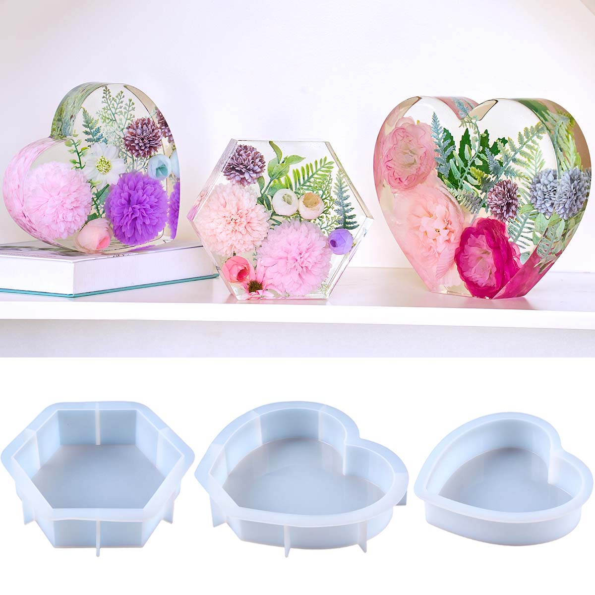 Resin Art Mould - แม่พิมพ์ซิลิโคนรูปหัวใจขนาดใหญ่ DIY รูปหกเหลี่ยม สำหรับงานเรซิ่นอีพ็อกซี่ ใช้สำหรับทำที่คั่นหนังสือ ของตกแต่ง