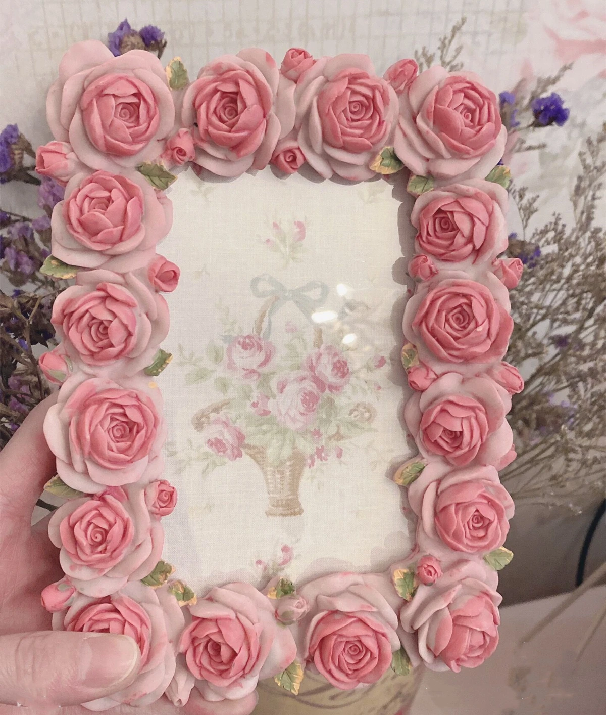 Resin Art Photo Frame - ชุดดอกดอกกุหลาบสีชมพูเรซินอุ่นสี่เหลี่ยมประดับโต๊ะและกรอบศิลปะบ้าน