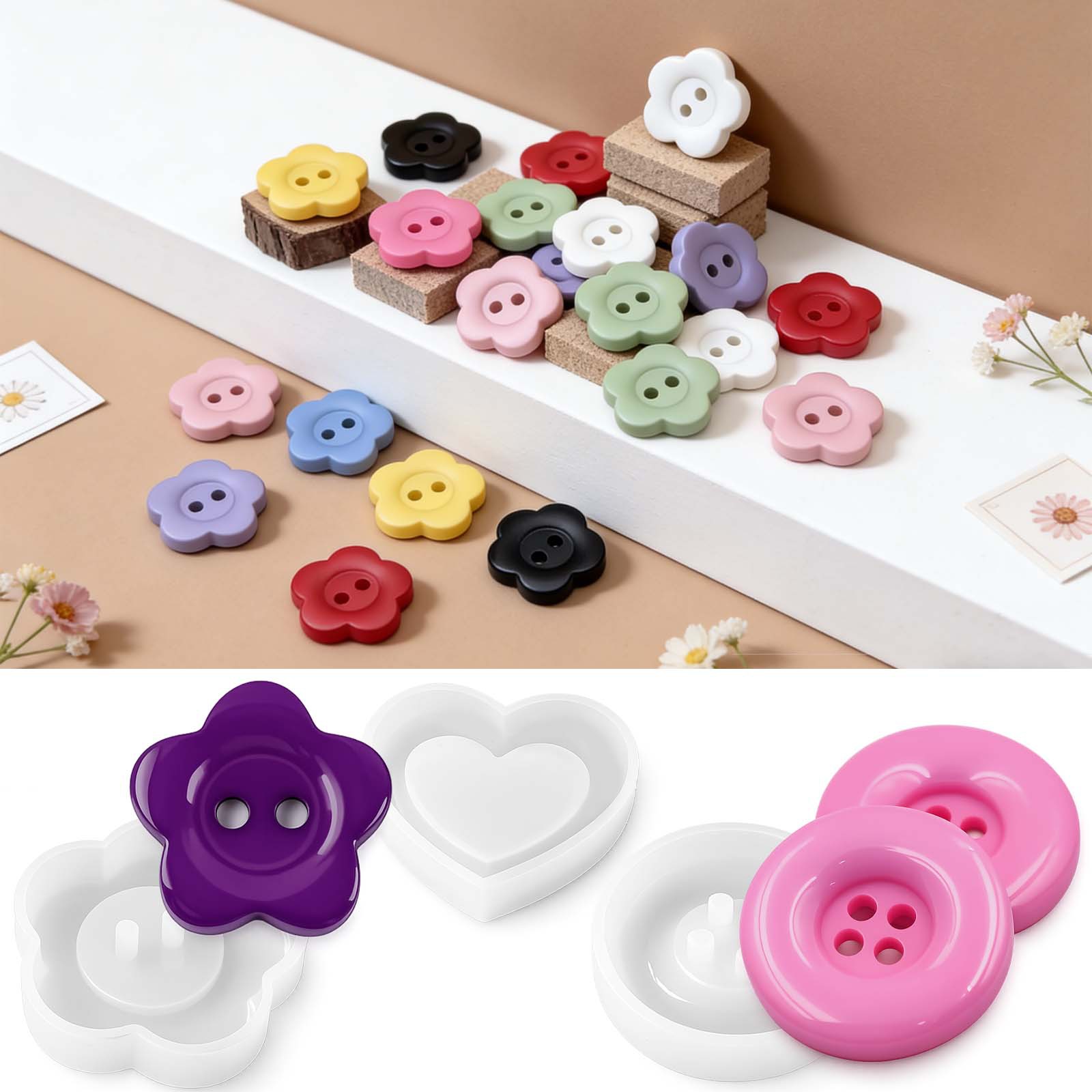 Resin Art Mould - แม่พิมพ์เรซิ่นซิลิโคน DIY รูปทรงกลม หัวใจ ดอกไม้ กระดุม