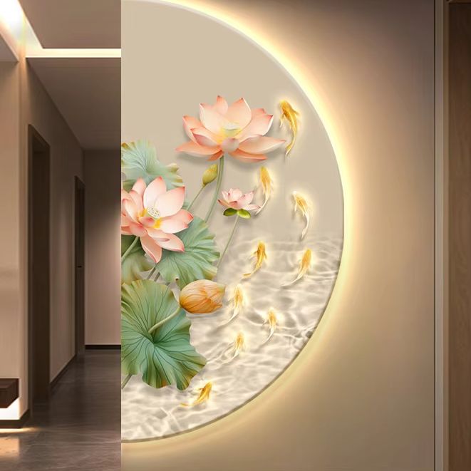 Resin Art On Wood - ภาพวาดตกแต่งรูปดอกบัวครึ่งวงกลมเรืองแสง งานศิลปะแขวนผนังพร้อมไฟ LED สไตล์มินิมอลหรูหราสำหรับโถงทางเดิน สร้างบรรยากาศศิลปะ