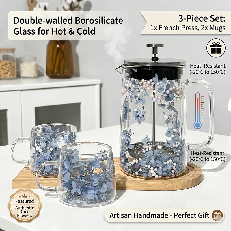 Dried Flower Pressed - เครื่องชงกาแฟเฟรนช์เพรสแบบผนังสองชั้น ความจุ 650/1000 มล. ทนความร้อนและมีฉนวนกันความร้อนสำหรับกาแฟและดอกไม้แห้ง