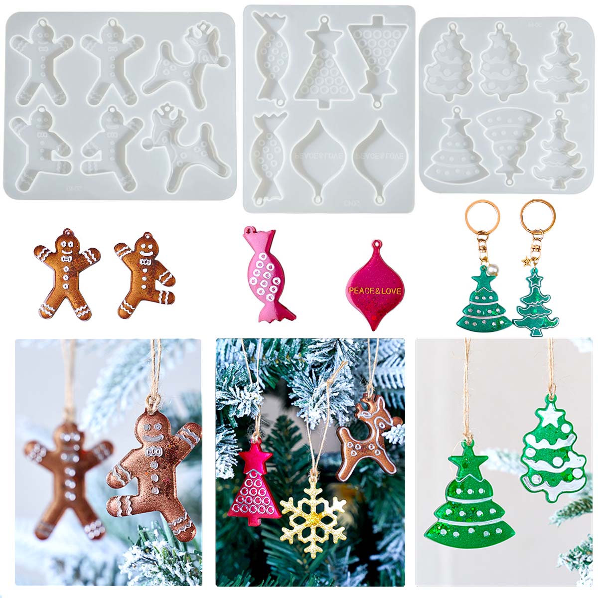 Resin Art Mould - แม่พิมพ์ซิลิโคนสำหรับทำต่างหู จี้ รูปคนขนมปังขิง กวางเรนเดียร์ เกล็ดหิมะ สำหรับงาน