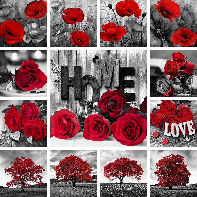 Resin Art For Rose - โมเสคเพชรสีแดงสีดำภูมิทัศน์ต้นไม้ Poppies กุหลาบดอกไม้ DIY 5D ภาพวาดเพชรเต็มรูปแบบงานปักครอสติชตกแต่ง